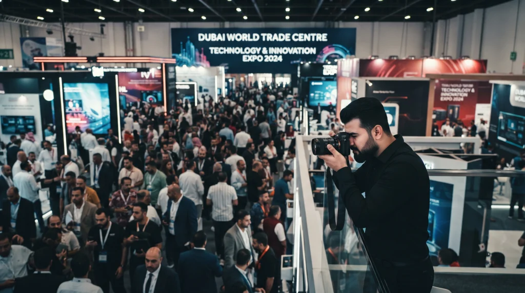 A 16:9 cinematic photograph capturing the bustling atmosphere of an international trade expo at the Dubai World Trade Centre. In the foreground on the right, international Dubai-based photographer Mashhood Arshad, dressed in a black button-down shirt and black trousers, leans against a glass railing with a serious expression, looking through the viewfinder of a professional mirrorless camera with a telephoto lens to document the event. The background features an expansive, crowded exhibition hall filled with diverse visitors, modern booths, and bright overhead lighting beneath a prominent sign reading 'DUBAI WORLD TRADE CENTRE TECHNOLOGY & INNOVATION EXPO 2024
