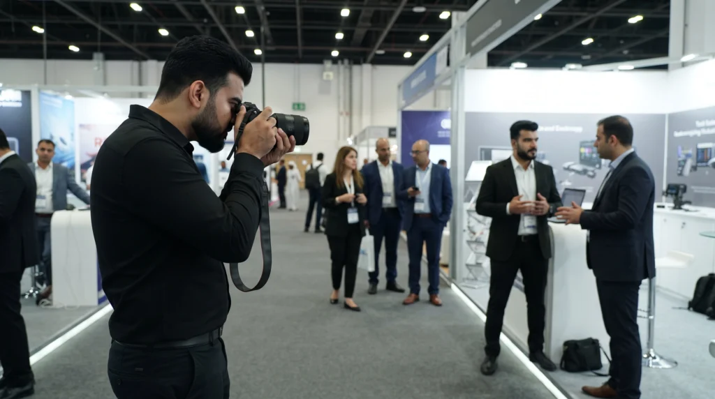 Photography and videography services in Dubai by Fotography.ae, featuring a professional event photographer capturing speakers and business professionals during a corporate conference