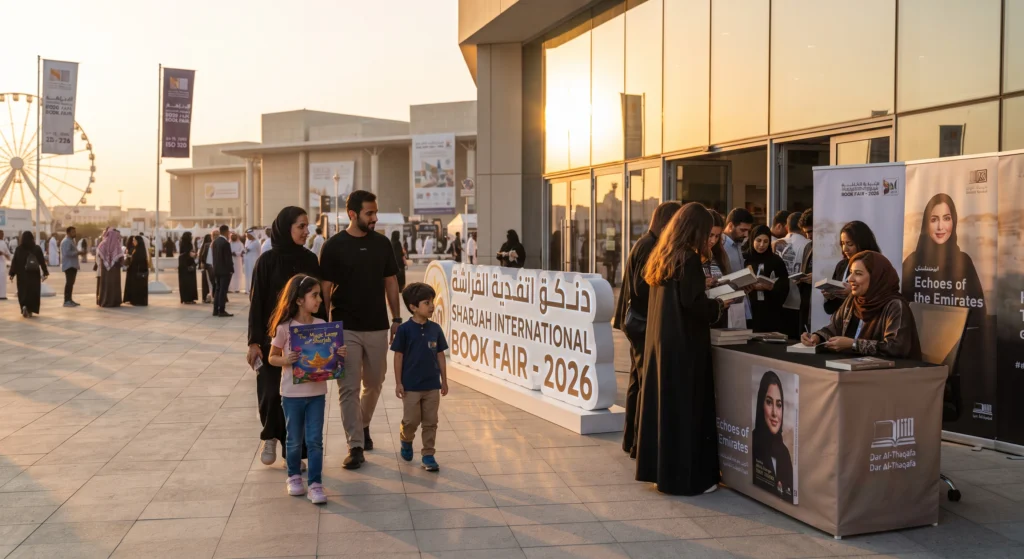 A family of four walks past the prominent entrance archway of the Sharjah International Book Fair 2026 at Expo Centre Sharjah. The mother holds a book while the young children carry bags. In the background, a Ferris wheel is visible, representing the family-friendly educational aspect of major UAE winter events 2026–2027