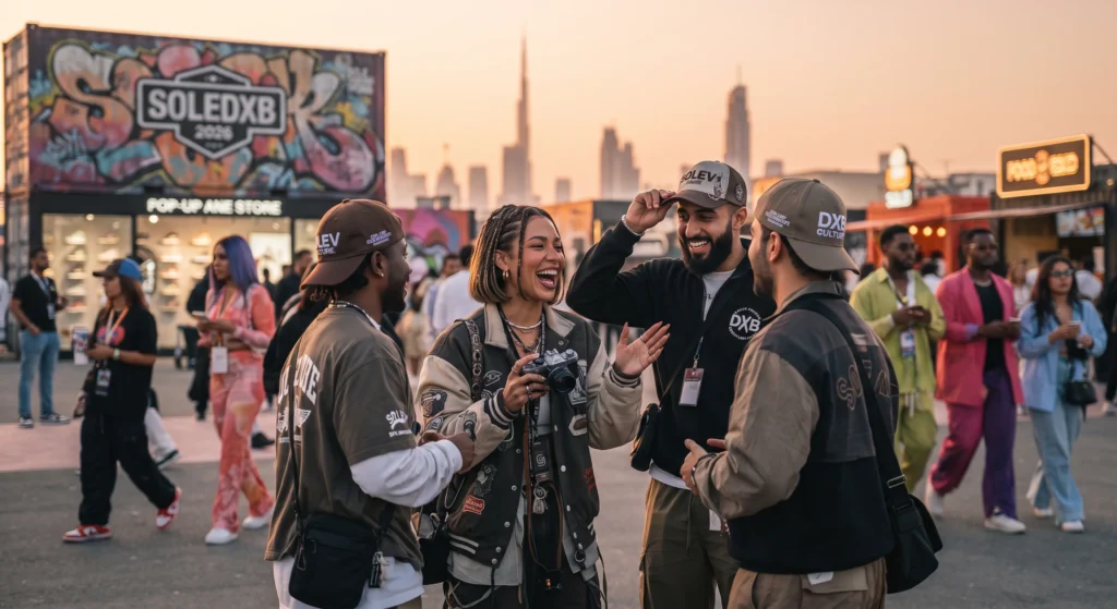 Four diverse young adults laughing together in a vibrant outdoor urban setting at sunset. The background features shipping container installations covered in graffiti art and a prominent "SOLEDXB 2026" sign against the distant Dubai skyline. This captures the youth culture and fashion atmosphere of UAE winter events 2026–2027