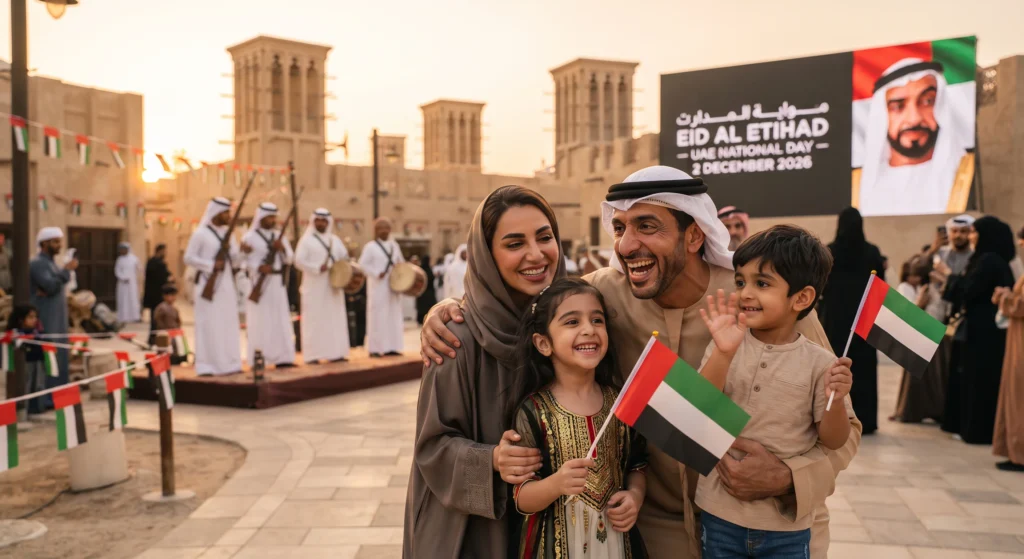 A local Emirati family celebrating Eid Al Etihad. The parents and two children are all smiling and waving UAE flags. The background features a stage with performers (Al Ayyala dancers) and a large screen displaying "EID AL ETIHAD - UAE NATIONAL DAY 2 DECEMBER 2026." This image is the perfect representation of the national holiday within UAE winter events 2026–2027