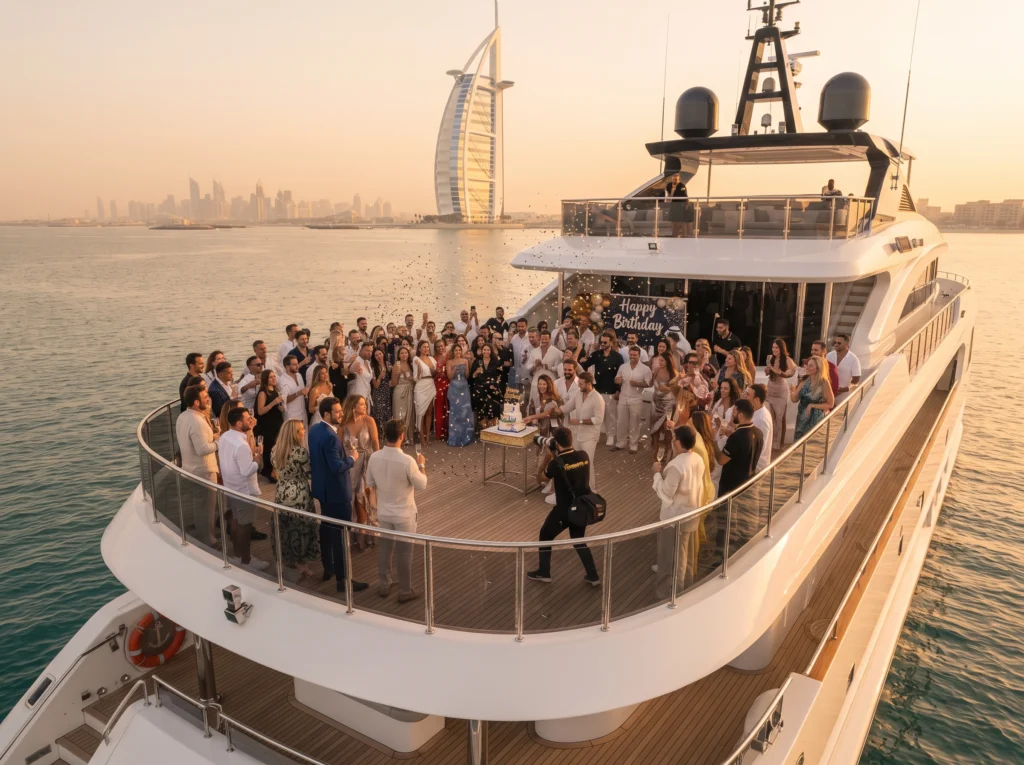 Fotography.ae capturing a large birthday party celebration on a luxury Dubai yacht with the Burj Al Arab and skyline in the background, highlighting event photography services.
