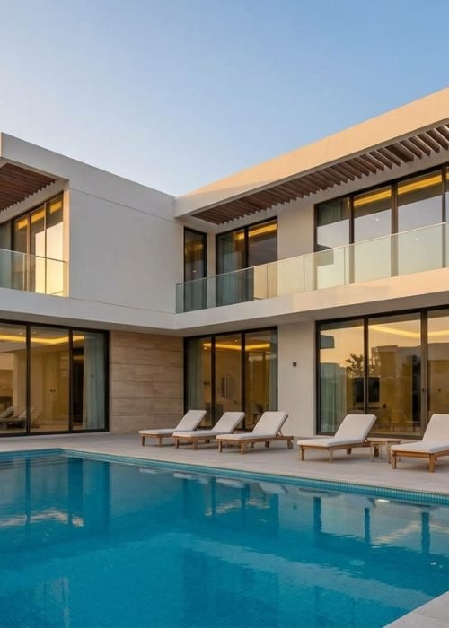 Modern Dubai villa exterior at golden hour with pool, showcasing professional real estate photography dubai.